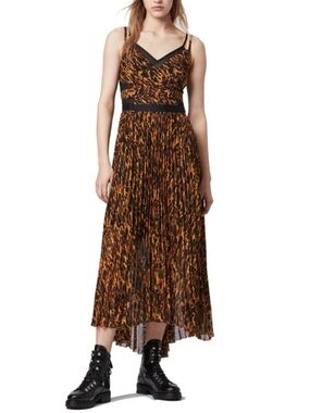 All Saints Brown and Black Leopard-Print Spaghetti-Strap Maxi Dress Hi-Lo